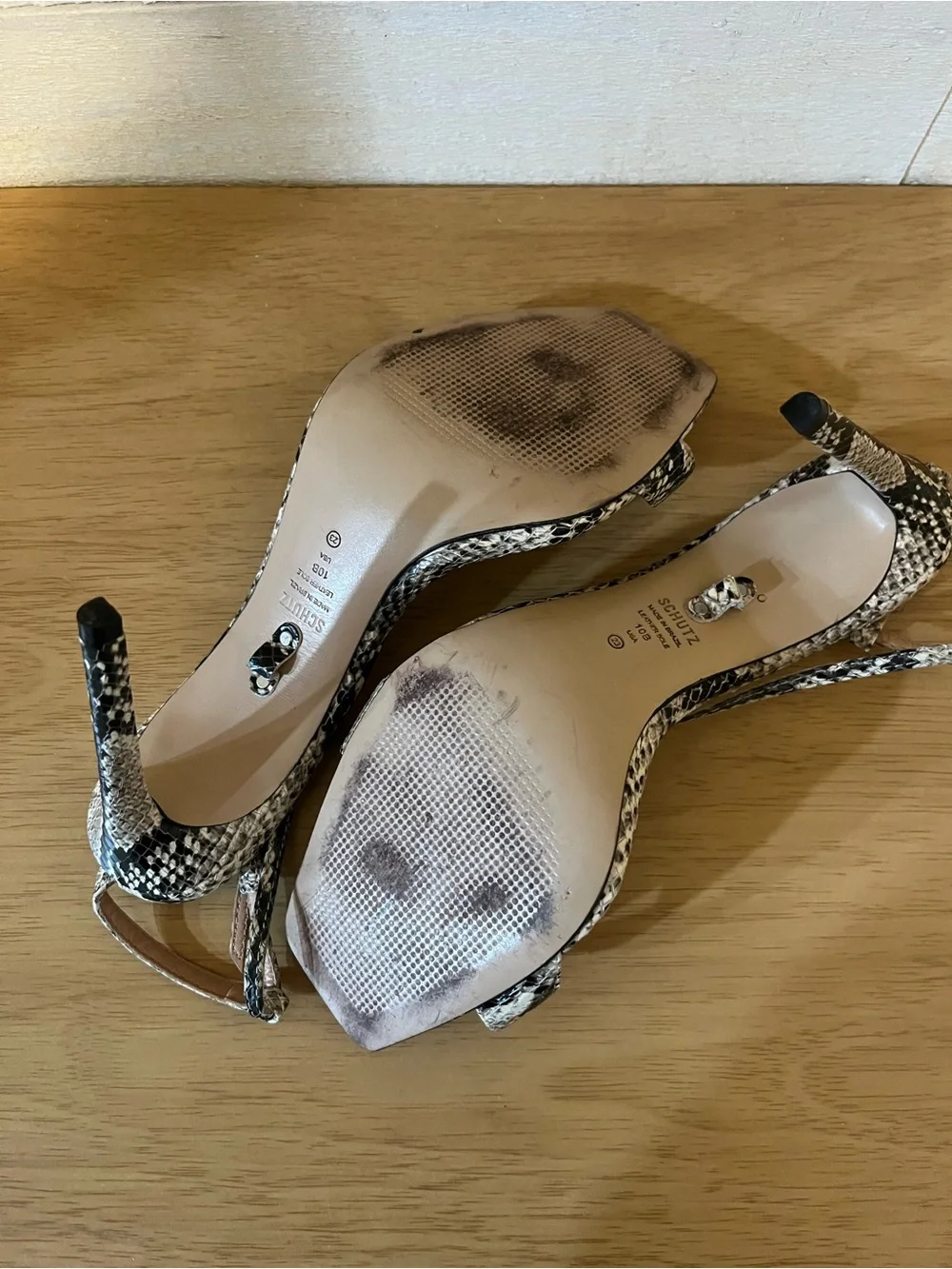 SCHUTZ Snakeskin Print Strappy Heels in Black and Cream